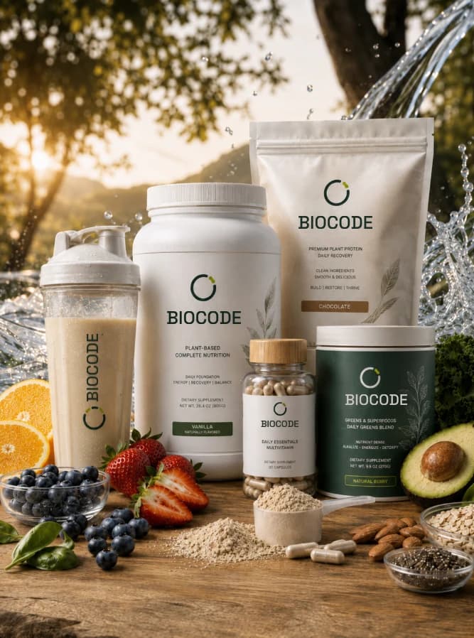 Gama e produkteve BIOCODE — proteinë bimore, multivitaminë ditore, përzierje jeshile dhe shaker, mbi një tavolinë druri me fruta të freskëta.